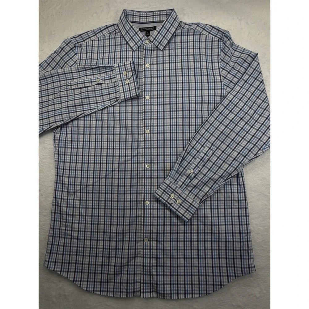 Banana Republic Non Iron Slim Fit Blue Plaid Button Long Sleeve Dress Shirt XL